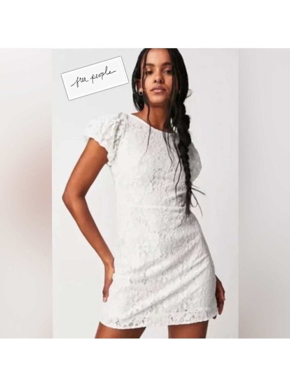 Free People Hailee Size SM White Lace Mini Dress w Beautiful Satin Tie Bow Back